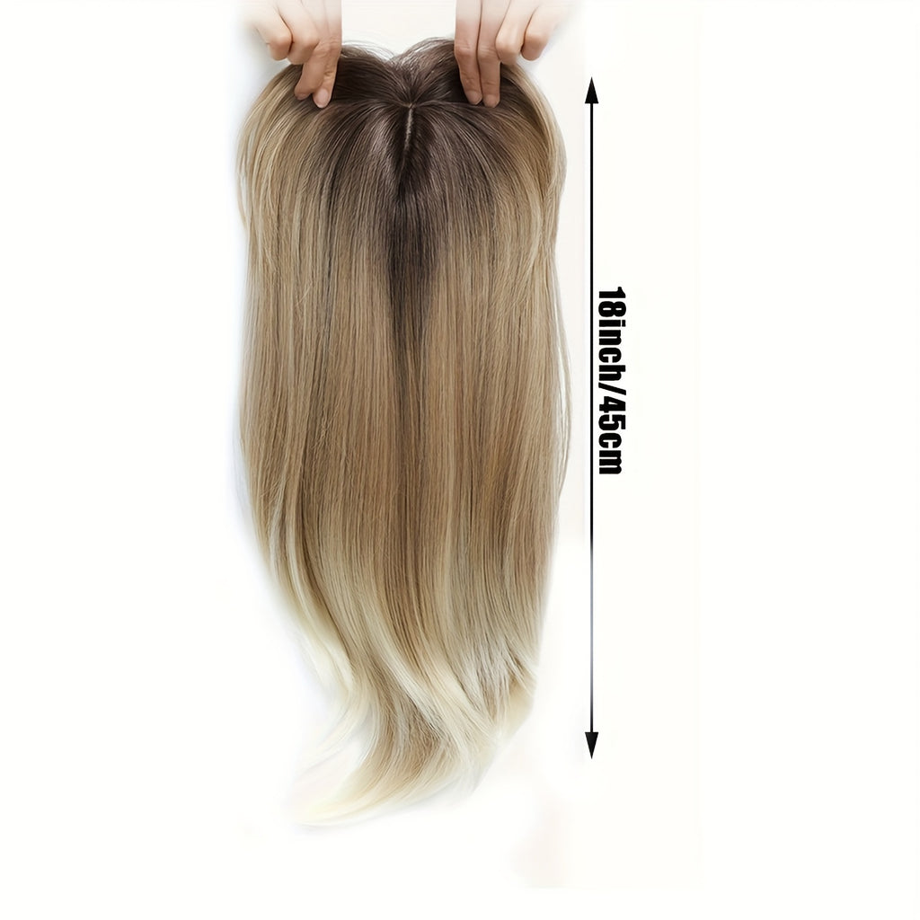 18-Inch Hair Toppers Designed for Women Experiencing Hair Thinning, Featuring a Large 6.5X6.5 Inch Coverage. These Synthetic Hair Toppers Come in Ombre Blonde And Are Perfect for Adding Volume to Thin Hair