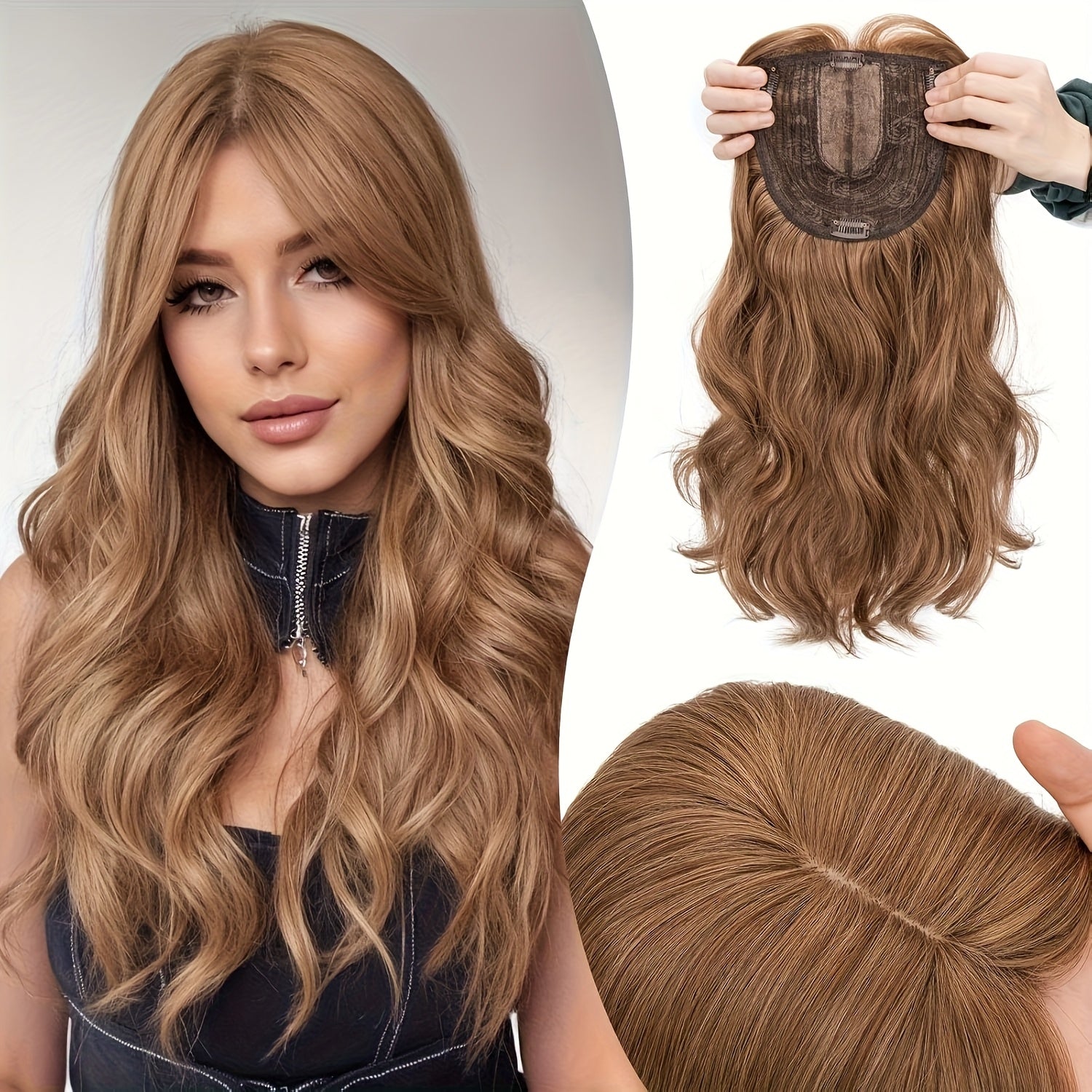 18-Inch Hair Toppers Designed for Women Featuring Fringe Bangs, Long Wavy Curls, And Clips for Easy Attachment, Perfect for Adding Volume to Thin Hair with Synthetic Highlights