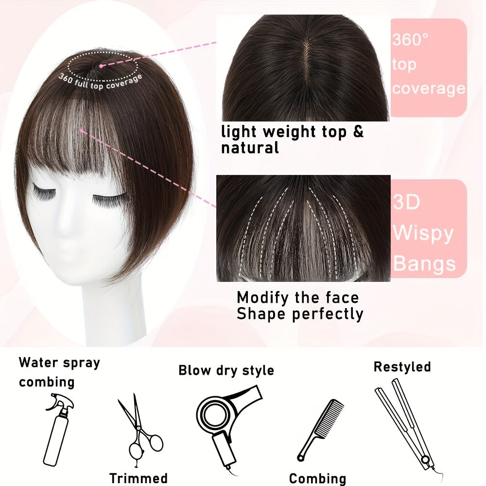 3D Real Human Hair Toppers for Women - 165% Density, Straight Hair Pieces with Bangs, Clip-In Middle Part for Thinning Hair - Natural Look, Versatile Styling, Fuller Head Coverage, Hair Accessories
