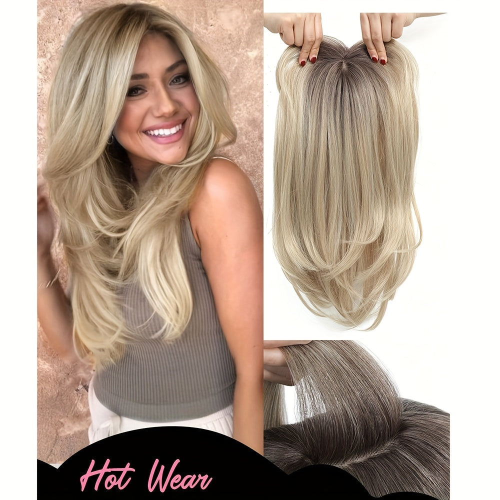 18-Inch Hair Toppers Designed for Women Experiencing Hair Thinning, Featuring a Large 6.5X6.5 Inch Coverage. These Synthetic Hair Toppers Come in Ombre Blonde And Are Perfect for Adding Volume to Thin Hair