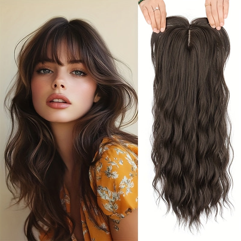 22” Long Curly Wavy Topper Wig with Bangs - Brown to Blonde Ombre Hairpiece Suitable for Women with Thinning Hair or Bald, Natural-Looking Voluminous Waves, Secure Fit Wig for Everyday Use & Hair Loss Solutions, Instant Volume & Scalp Coverage