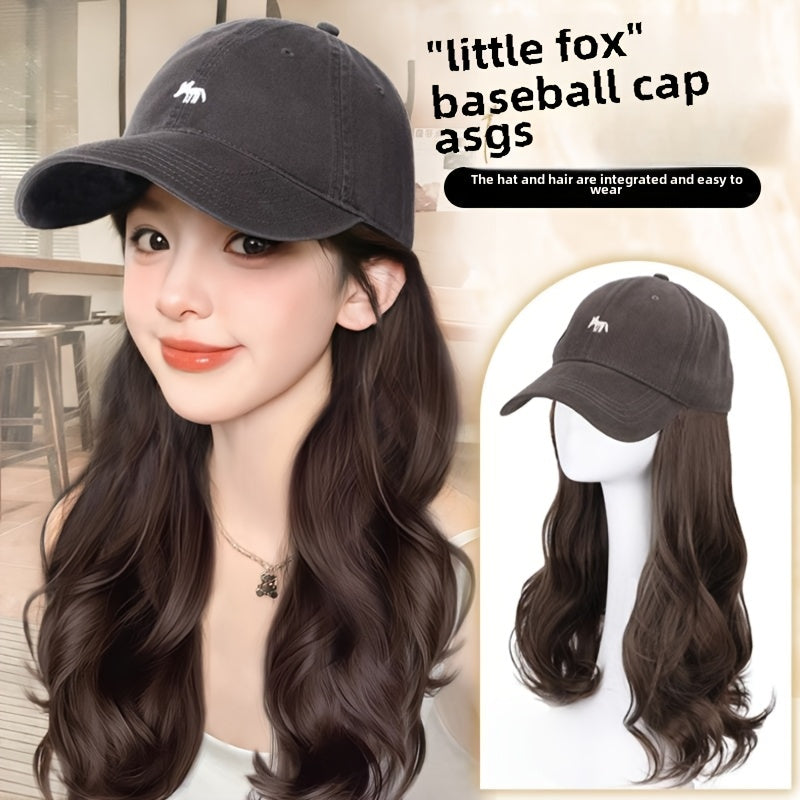 Wig Hat Integrated Full Head Cover Little Fox Baseball Cap Curly Big Wave Fluffy Natural Looking Hair Volume Wig Set