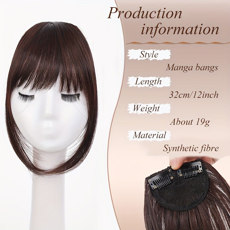 CIVRIE 12 Inch Long Synthetic Manga Air Bangs with Clip - Straight Brown Hairpiece for Women, Easy Clip-In Temporary Hairstyle for All Light Beige Tones, Kawaii Hair Clips, Quick Hair Transformation, Secure Attachment, Daily Wear Accessory