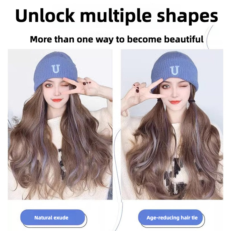 Women's Knit Hat & Wig in One with Highlighted Medium-Long Curly\u002FBody Wave Hair - Natural Realistic Full Wig System, Warm Comfortable for Daily Wear, Parties, Christmas - Volume & Length Enhancer (Easy Care, No Separate Hairstyles)