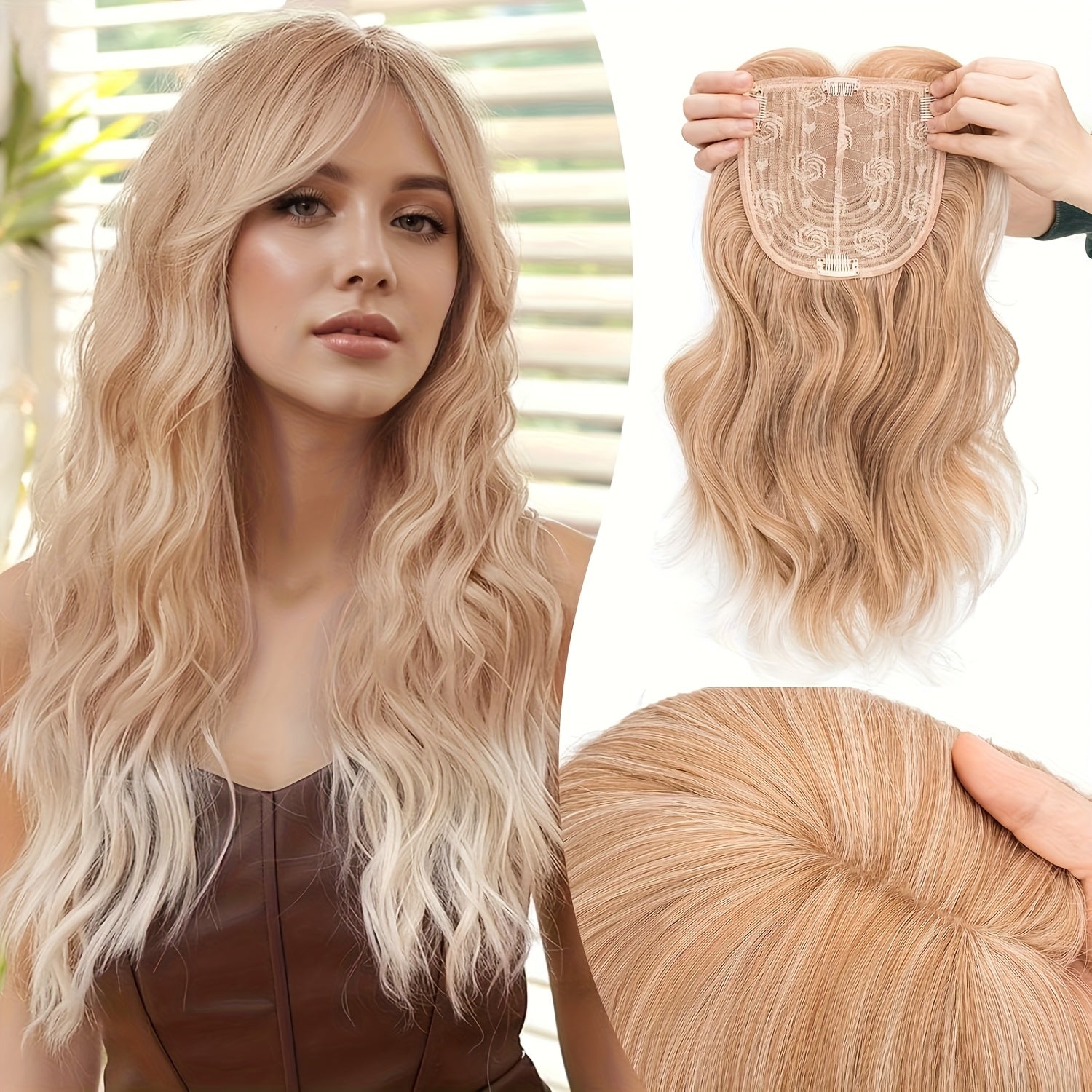 18-Inch Hair Toppers Designed for Women Featuring Fringe Bangs, Long Wavy Curls, And Clips for Easy Attachment, Perfect for Adding Volume to Thin Hair with Synthetic Highlights