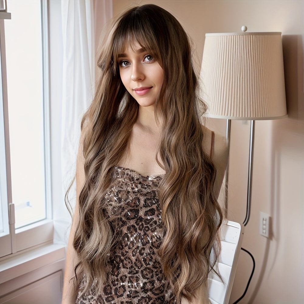 Smilco 30 Inch Women's Synthetic Wig - Long Brown Highlight Gradient Curly Wig, Center Heat-resistant Wig - Ideal Choice for Halloween Parties and Costume Role-playing