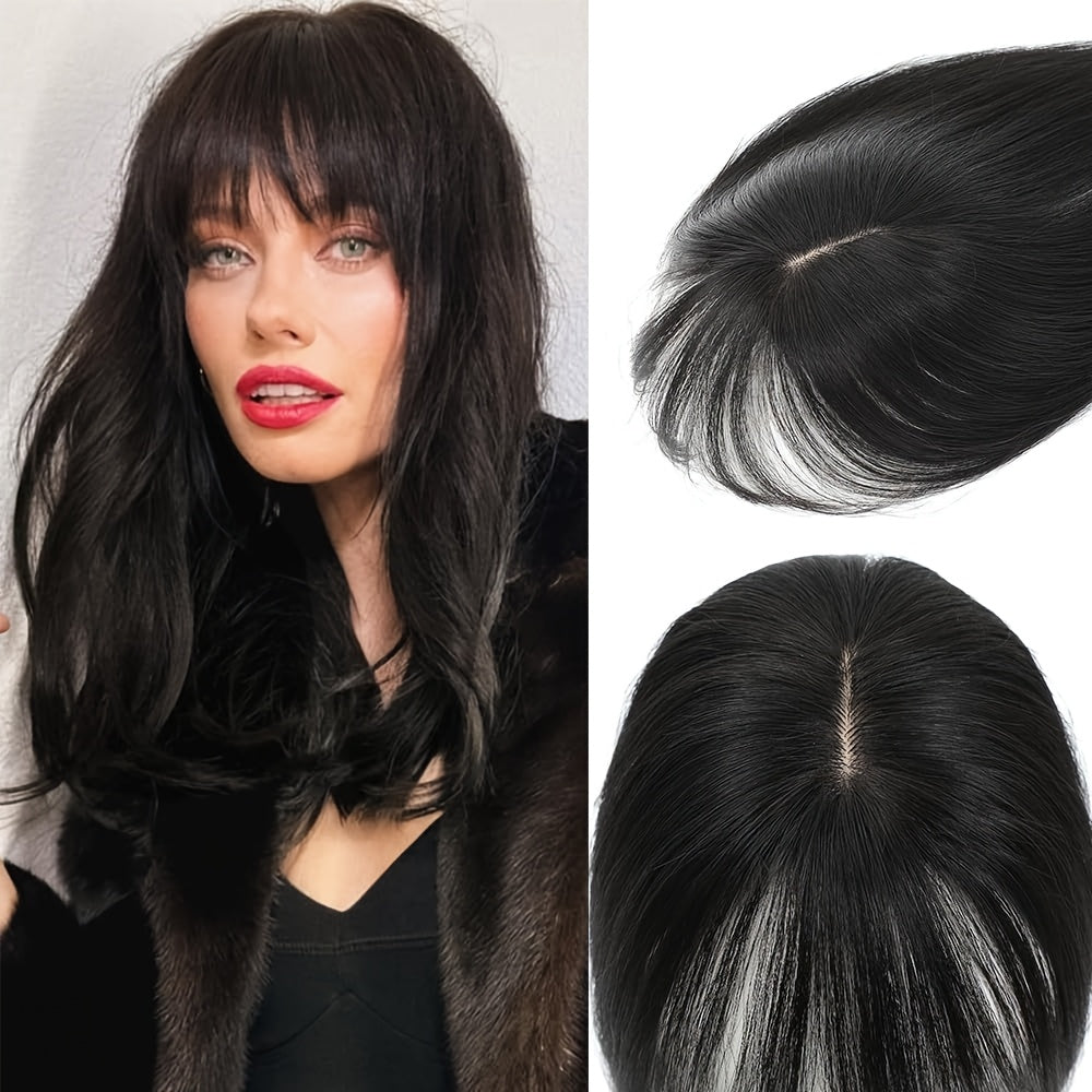 3D Real Human Hair Toppers for Women - 165% Density, Straight Hair Pieces with Bangs, Clip-In Middle Part for Thinning Hair - Natural Look, Versatile Styling, Fuller Head Coverage, Hair Accessories