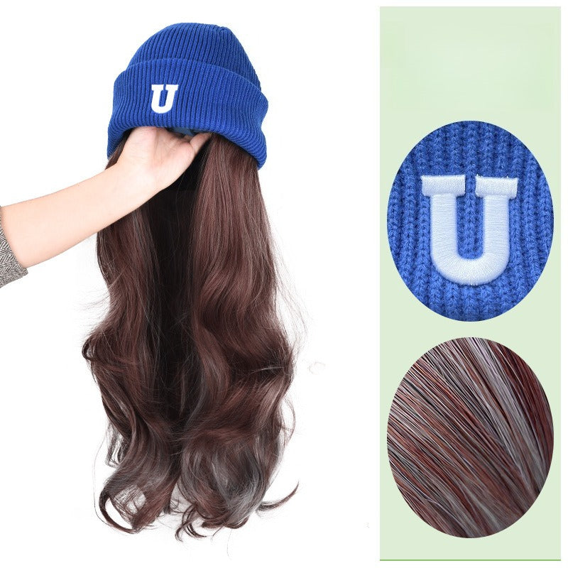 Women's Knit Hat & Wig in One with Highlighted Medium-Long Curly\u002FBody Wave Hair - Natural Realistic Full Wig System, Warm Comfortable for Daily Wear, Parties, Christmas - Volume & Length Enhancer (Easy Care, No Separate Hairstyles)
