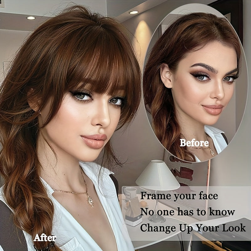 CIVRIE 12 Inch Long Synthetic Manga Air Bangs with Clip - Straight Brown Hairpiece for Women, Easy Clip-In Temporary Hairstyle for All Light Beige Tones, Kawaii Hair Clips, Quick Hair Transformation, Secure Attachment, Daily Wear Accessory