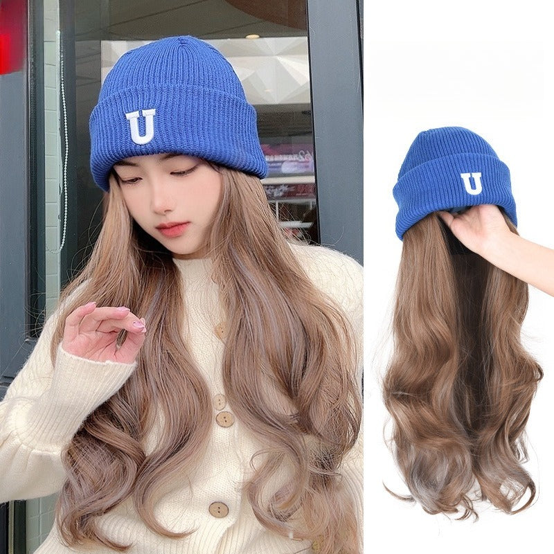 Women's Knit Hat & Wig in One with Highlighted Medium-Long Curly\u002FBody Wave Hair - Natural Realistic Full Wig System, Warm Comfortable for Daily Wear, Parties, Christmas - Volume & Length Enhancer (Easy Care, No Separate Hairstyles)