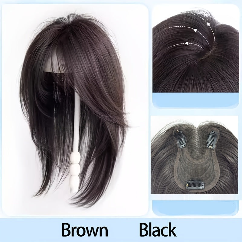 A 14-Inch Straight Hair Topper in Four Colors Designed to Hide Gray Hair, Featuring a Thin Hairpiece with a Straight Texture for Coverage