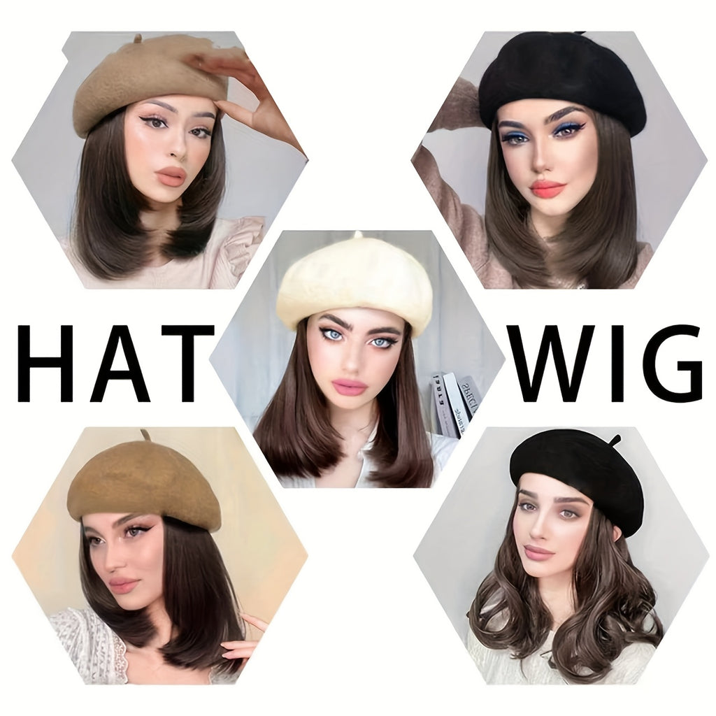 Women'S French Beret Hat Wig with Hair Extensions - Classic Wool Beanie, Straight Short Bob Synthetic Hairpiece Dark Brown | -Looking Hairline, Comfortable & Durable for Everyday, Themed Events, Parties, Photo Shoots | Easy Maintenance & Versatile S