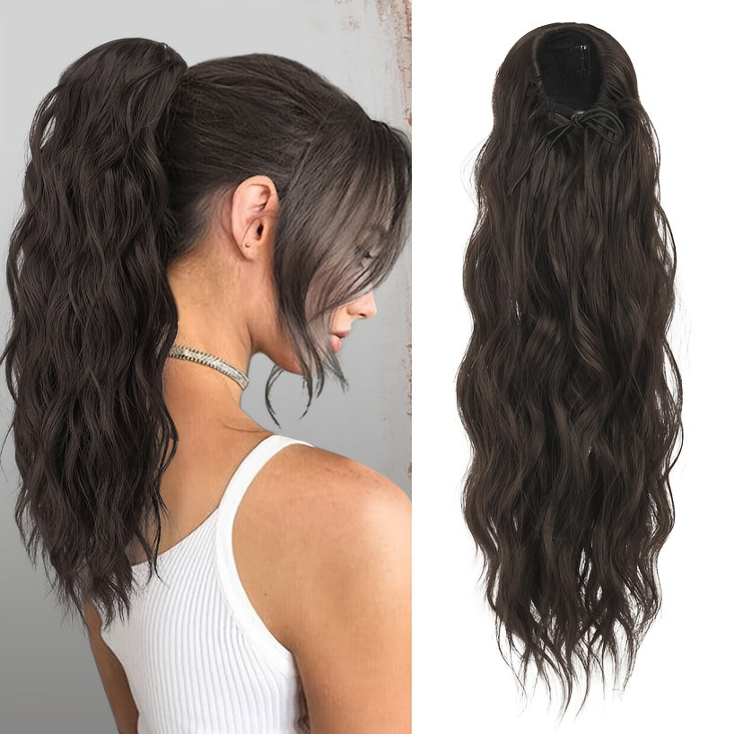 16-Inch Women'S Dark Brown Long Curly Drawstring Ponytail - Synthetic Hair Piece, Easy To Use, Adds Volume, Suitable For Daily Wear, Gatherings & Parties
