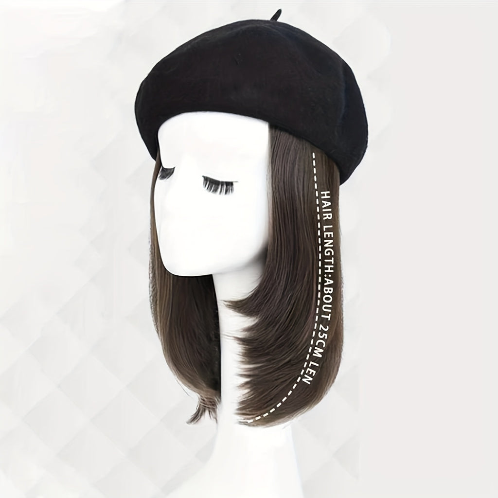 Women'S French Beret Hat Wig with Hair Extensions - Classic Wool Beanie, Straight Short Bob Synthetic Hairpiece Dark Brown | -Looking Hairline, Comfortable & Durable for Everyday, Themed Events, Parties, Photo Shoots | Easy Maintenance & Versatile S