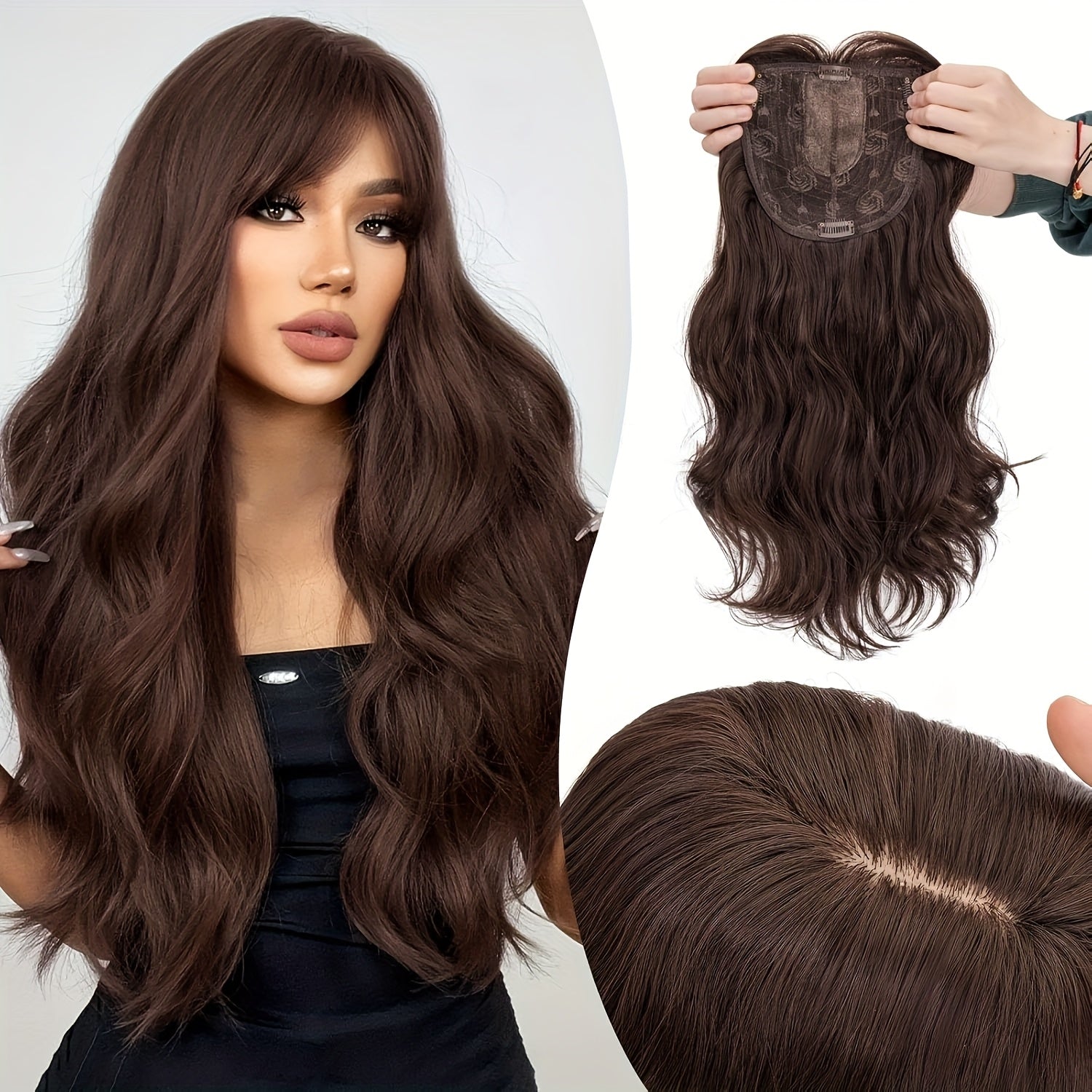 18-Inch Hair Toppers Designed for Women Featuring Fringe Bangs, Long Wavy Curls, And Clips for Easy Attachment, Perfect for Adding Volume to Thin Hair with Synthetic Highlights