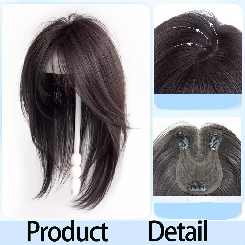 A 14-Inch Straight Hair Topper in Four Colors Designed to Hide Gray Hair, Featuring a Thin Hairpiece with a Straight Texture for Coverage