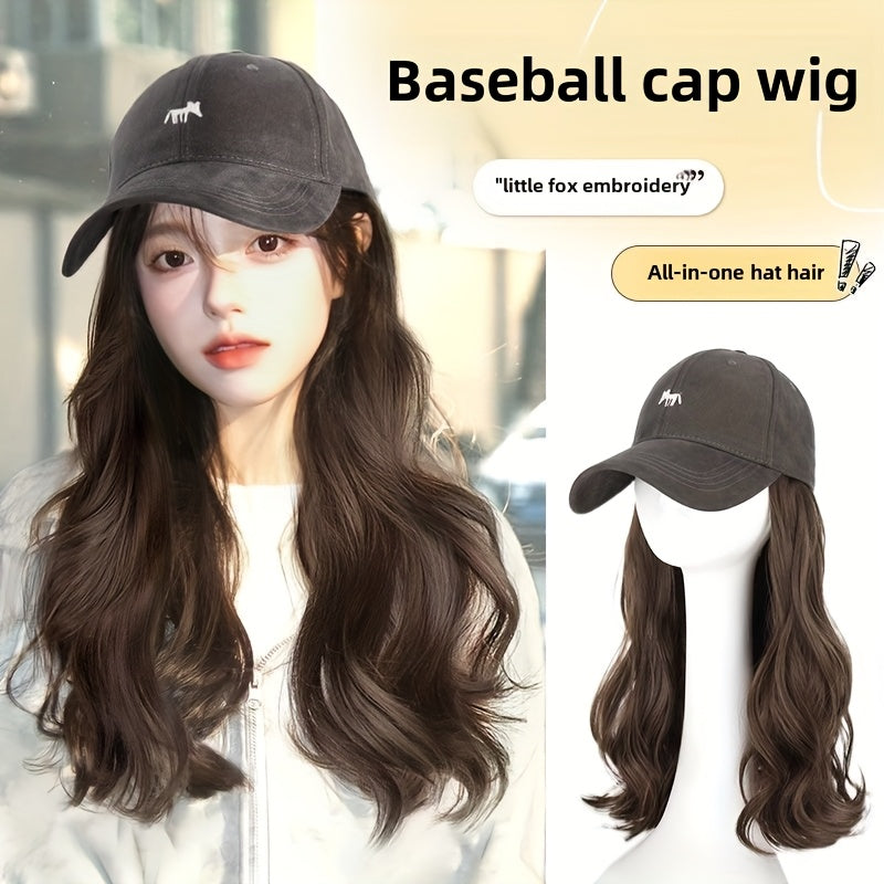 Wig Hat Integrated Full Head Cover Little Fox Baseball Cap Curly Big Wave Fluffy Natural Looking Hair Volume Wig Set