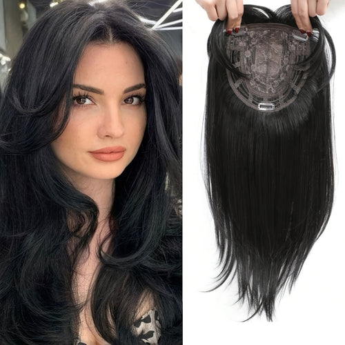 18-Inch Hair Toppers Designed for Women Experiencing Hair Thinning, Featuring a Large 6.5X6.5 Inch Coverage. These Synthetic Hair Toppers Come in Ombre Blonde And Are Perfect for Adding Volume to Thin Hair