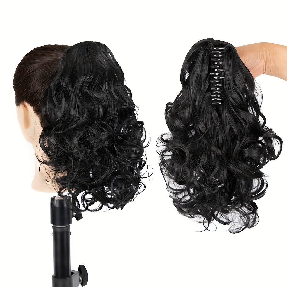 Claw Clip Wavy PonyTail Extension for Women 12 Inch Curly Wave Hair Elegant Flower Design Body Wave Pony Tail Soft Hair