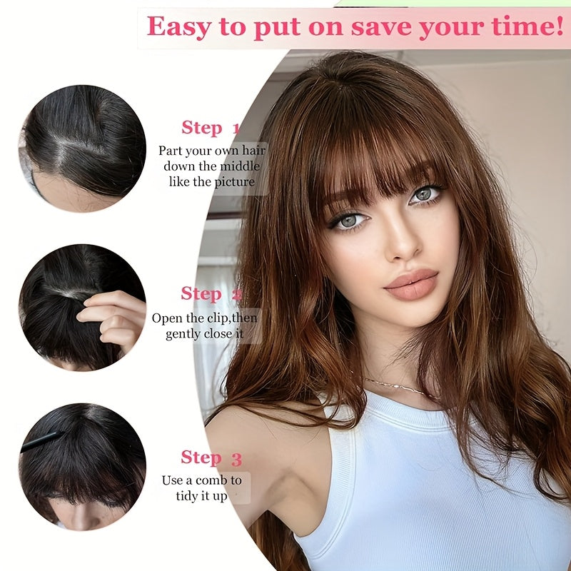 CIVRIE 12 Inch Long Synthetic Manga Air Bangs with Clip - Straight Brown Hairpiece for Women, Easy Clip-In Temporary Hairstyle for All Light Beige Tones, Kawaii Hair Clips, Quick Hair Transformation, Secure Attachment, Daily Wear Accessory
