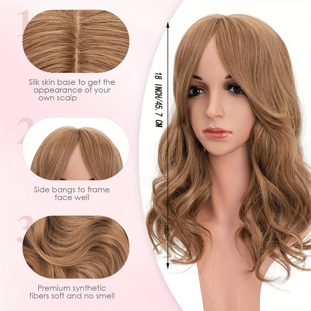 18-Inch Hair Toppers Designed for Women Featuring Fringe Bangs, Long Wavy Curls, And Clips for Easy Attachment, Perfect for Adding Volume to Thin Hair with Synthetic Highlights