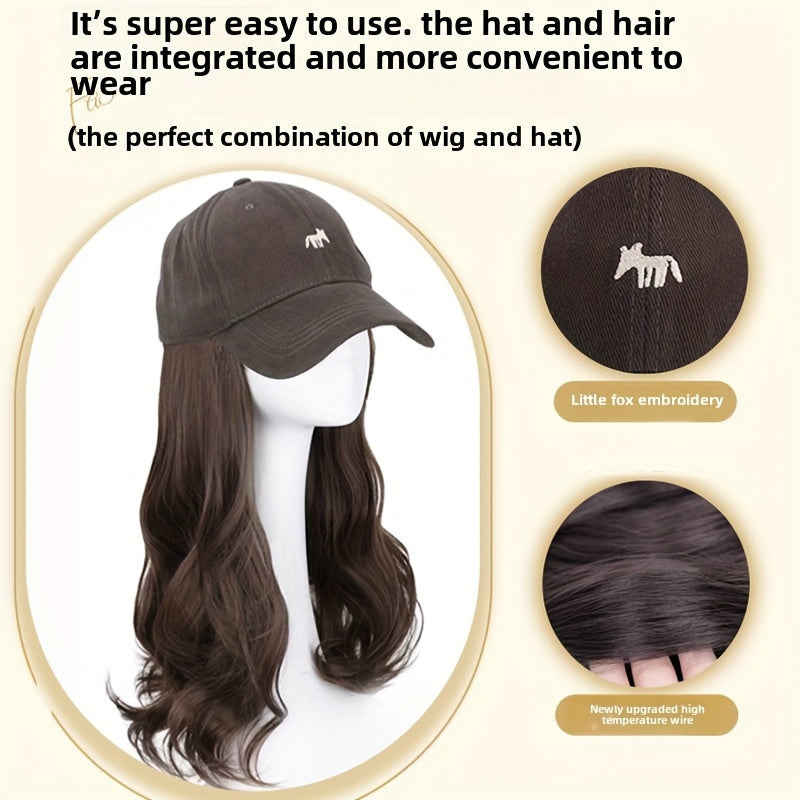 Wig Hat Integrated Full Head Cover Little Fox Baseball Cap Curly Big Wave Fluffy Natural Looking Hair Volume Wig Set