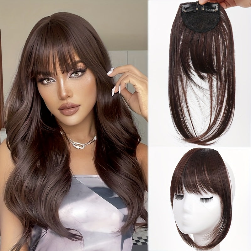 CIVRIE 12 Inch Long Synthetic Manga Air Bangs with Clip - Straight Brown Hairpiece for Women, Easy Clip-In Temporary Hairstyle for All Light Beige Tones, Kawaii Hair Clips, Quick Hair Transformation, Secure Attachment, Daily Wear Accessory