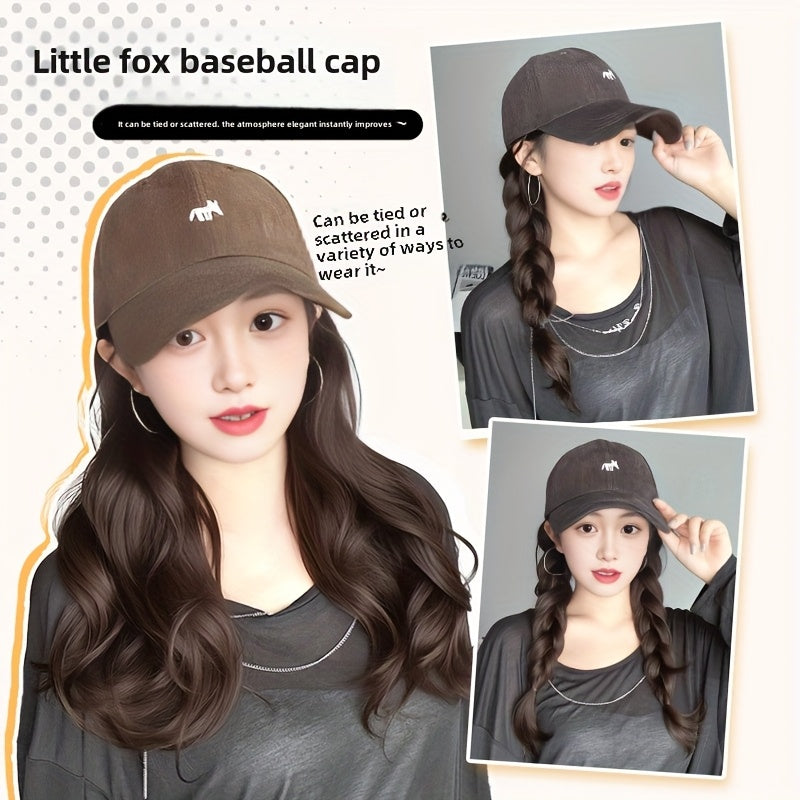 Wig Hat Integrated Full Head Cover Little Fox Baseball Cap Curly Big Wave Fluffy Natural Looking Hair Volume Wig Set