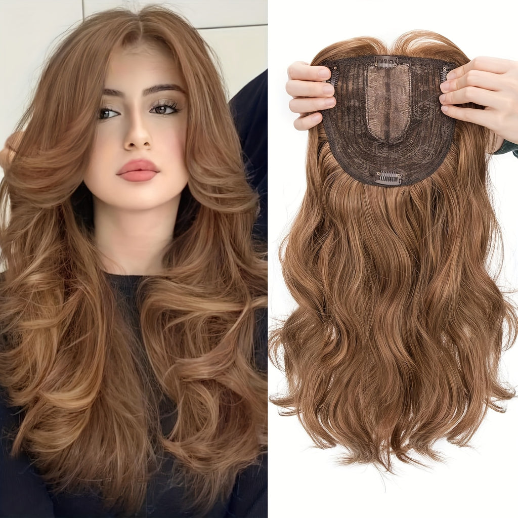 18-Inch Hair Toppers Designed for Women Featuring Fringe Bangs, Long Wavy Curls, And Clips for Easy Attachment, Perfect for Adding Volume to Thin Hair with Synthetic Highlights