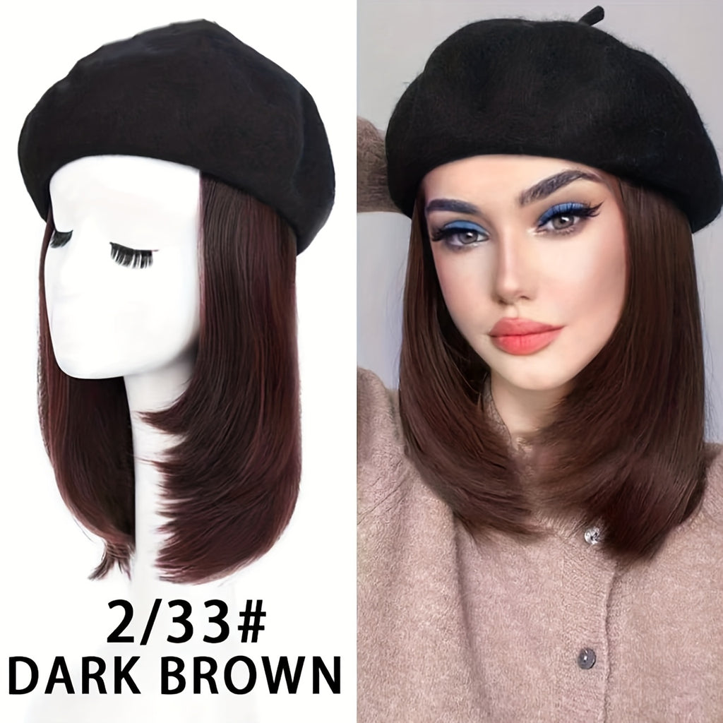 Women'S French Beret Hat Wig with Hair Extensions - Classic Wool Beanie, Straight Short Bob Synthetic Hairpiece Dark Brown | -Looking Hairline, Comfortable & Durable for Everyday, Themed Events, Parties, Photo Shoots | Easy Maintenance & Versatile S