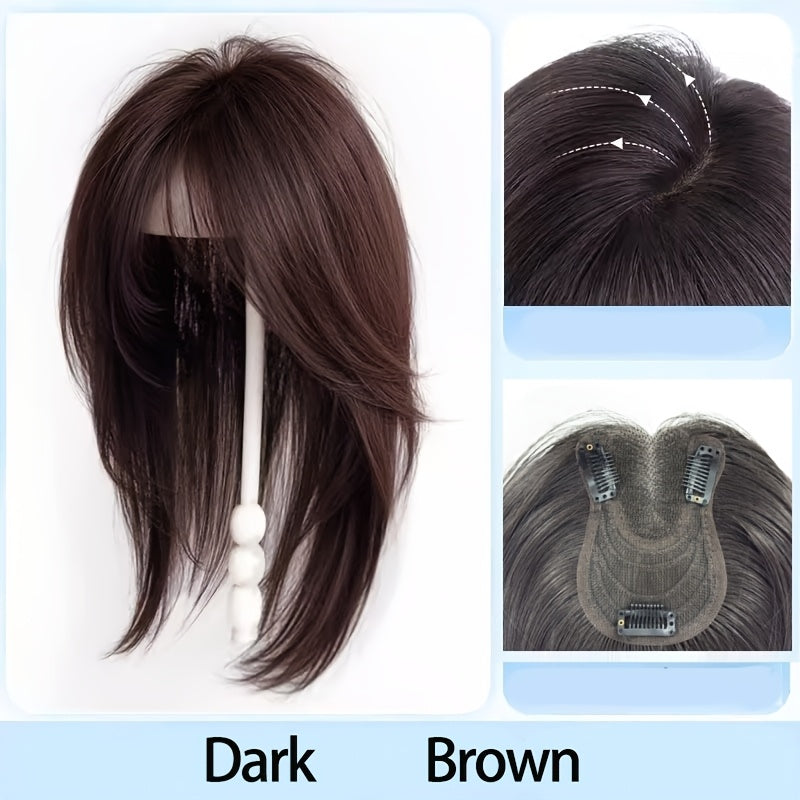 A 14-Inch Straight Hair Topper in Four Colors Designed to Hide Gray Hair, Featuring a Thin Hairpiece with a Straight Texture for Coverage
