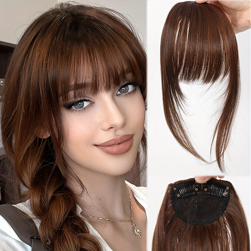 CIVRIE 12 Inch Long Synthetic Manga Air Bangs with Clip - Straight Brown Hairpiece for Women, Easy Clip-In Temporary Hairstyle for All Light Beige Tones, Kawaii Hair Clips, Quick Hair Transformation, Secure Attachment, Daily Wear Accessory
