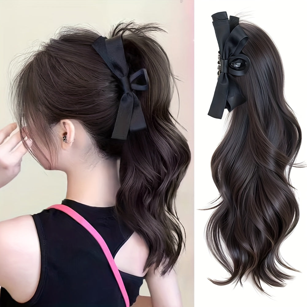 14-Inch Wavy Claw Ponytail with Large Bow, Synthetic Material, Easy to Use, Suitable for Women, Natural Appearance, Daily and Party Wear.