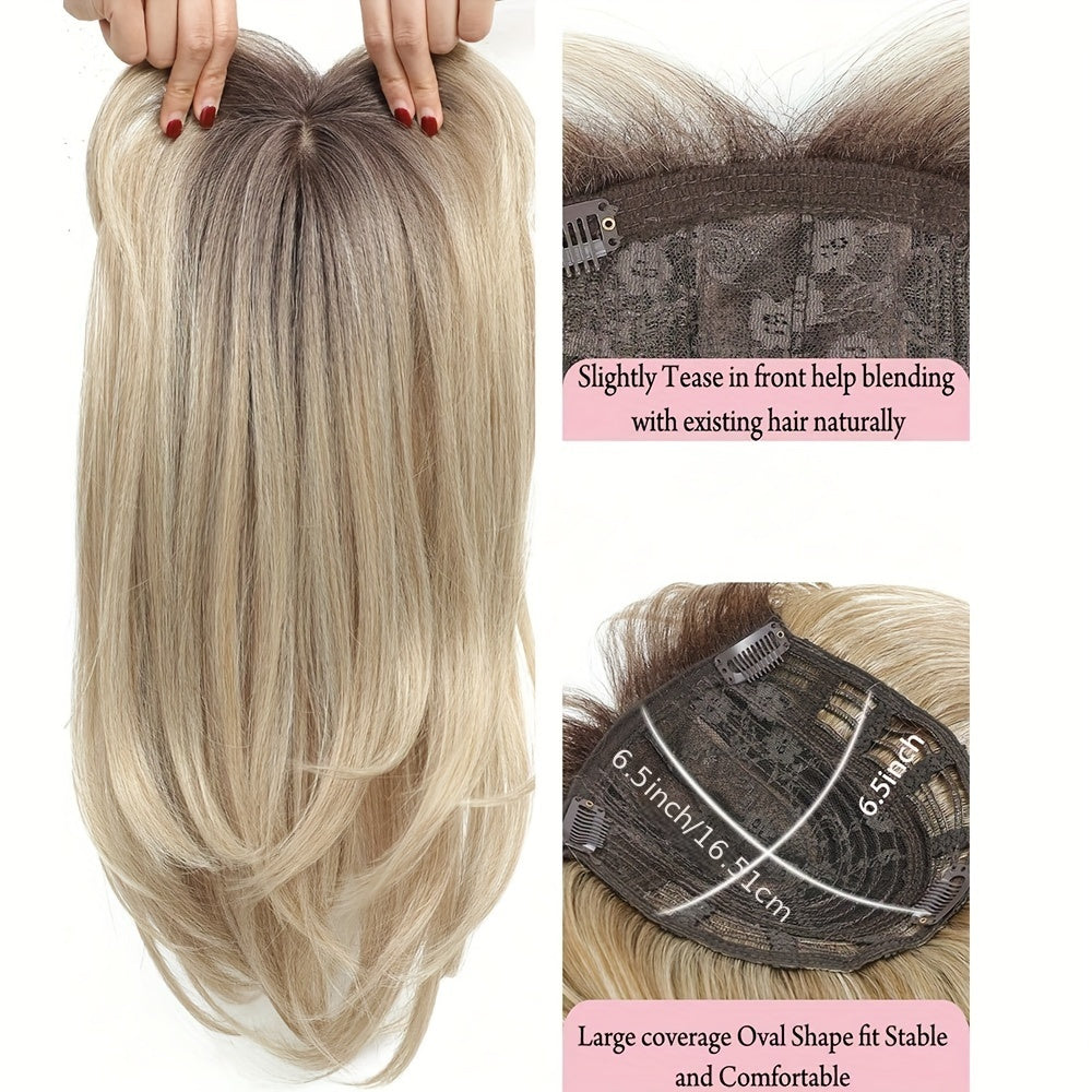 18-Inch Hair Toppers Designed for Women Experiencing Hair Thinning, Featuring a Large 6.5X6.5 Inch Coverage. These Synthetic Hair Toppers Come in Ombre Blonde And Are Perfect for Adding Volume to Thin Hair