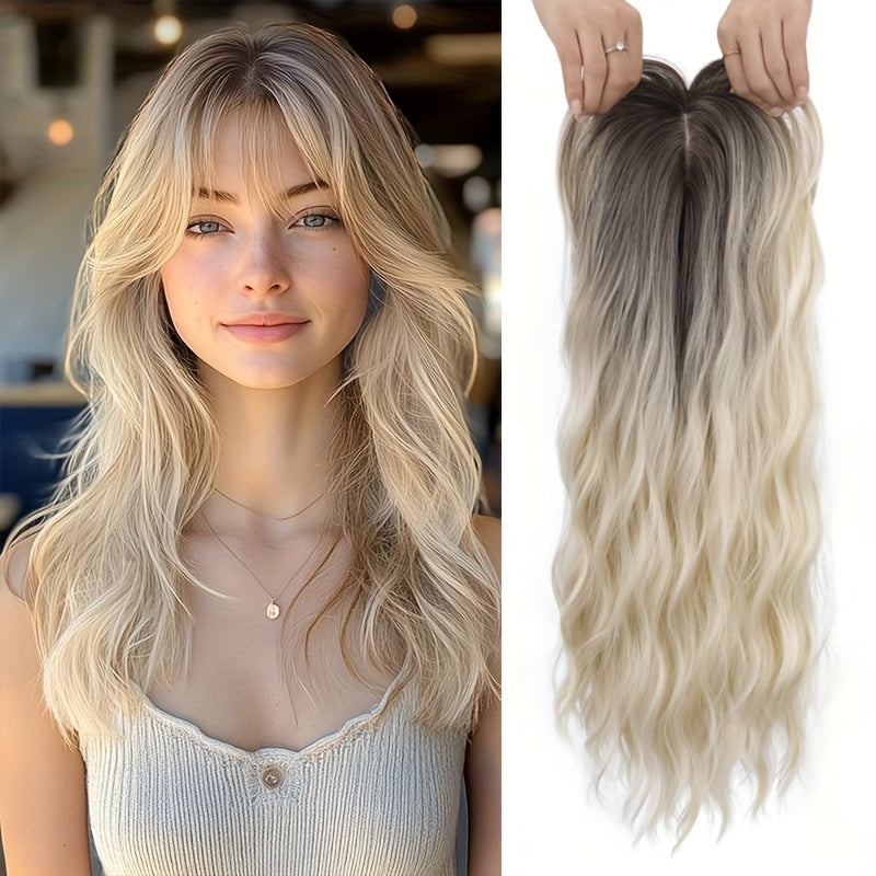 22” Long Curly Wavy Topper Wig with Bangs - Brown to Blonde Ombre Hairpiece Suitable for Women with Thinning Hair or Bald, Natural-Looking Voluminous Waves, Secure Fit Wig for Everyday Use & Hair Loss Solutions, Instant Volume & Scalp Coverage