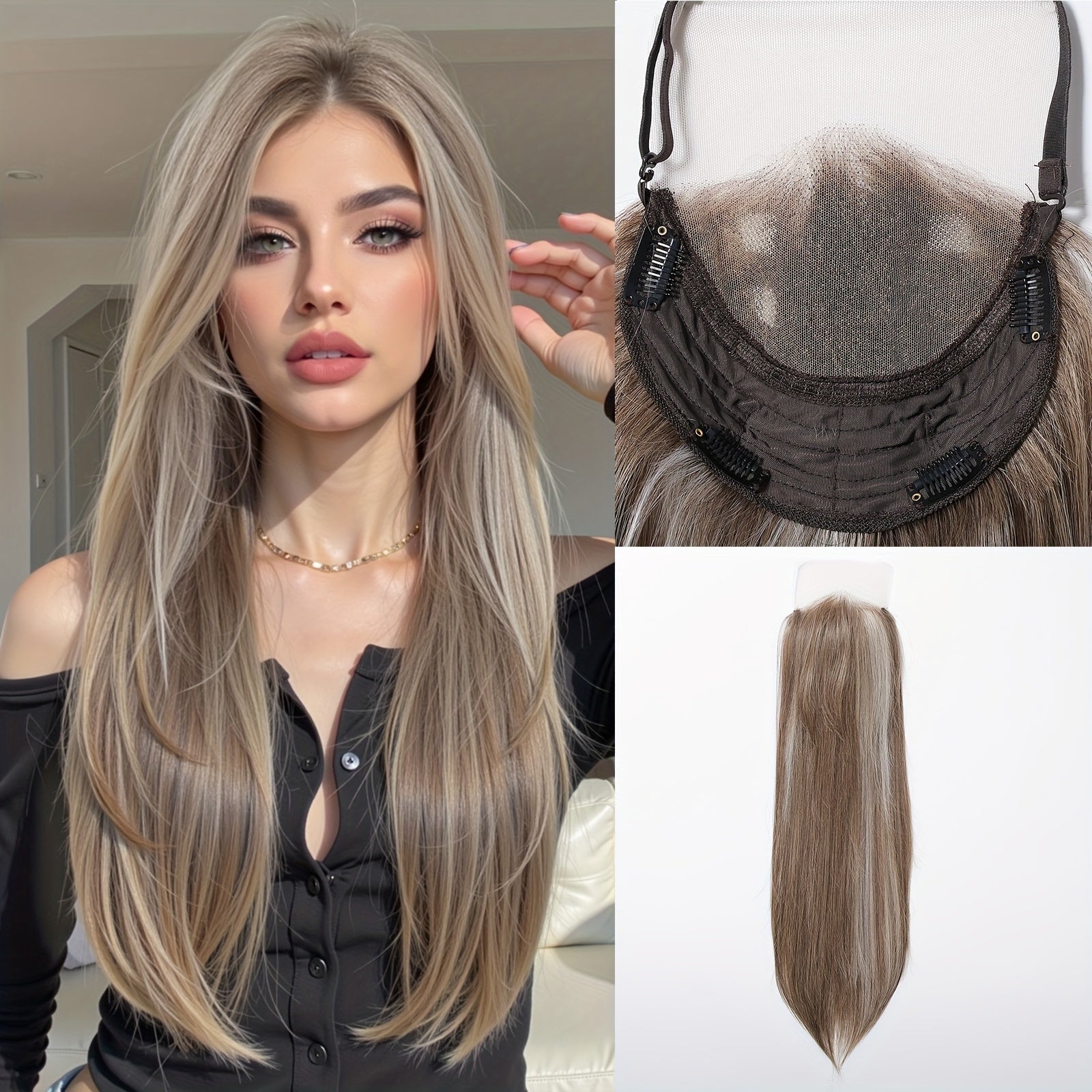 Luxury 6*6Inch Front Lace Hair Topper 100% High Quality Synthetic Lace Hair Topper for Woman Clip-In Hair Extensions Increase Hair Volume 24Inch Long Hair Versatile for Ladies Wear Firmly-with Adjustment Strap