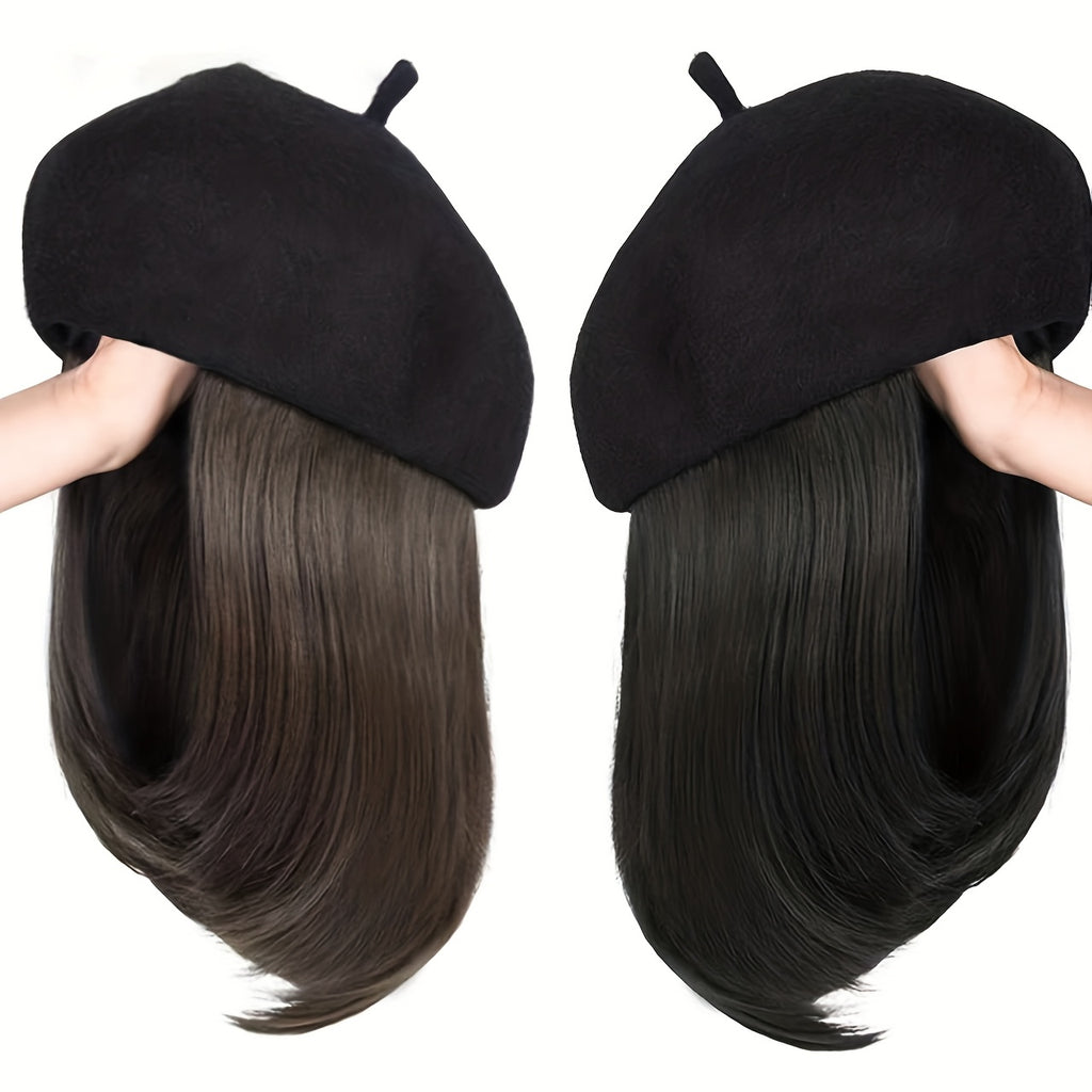 Women'S French Beret Hat Wig with Hair Extensions - Classic Wool Beanie, Straight Short Bob Synthetic Hairpiece Dark Brown | -Looking Hairline, Comfortable & Durable for Everyday, Themed Events, Parties, Photo Shoots | Easy Maintenance & Versatile S