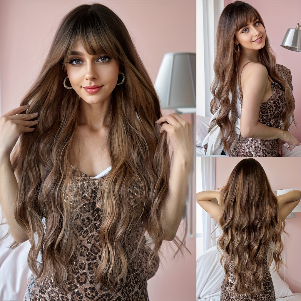 Smilco 30 Inch Women's Synthetic Wig - Long Brown Highlight Gradient Curly Wig, Center Heat-resistant Wig - Ideal Choice for Halloween Parties and Costume Role-playing