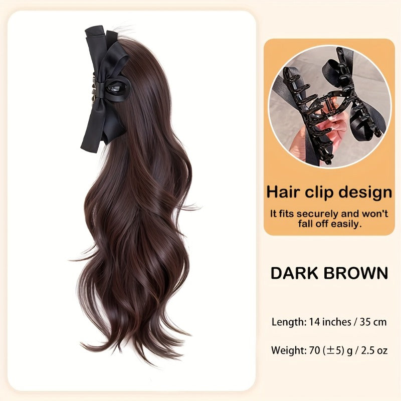 14-Inch Wavy Claw Ponytail with Large Bow, Synthetic Material, Easy to Use, Suitable for Women, Natural Appearance, Daily and Party Wear.