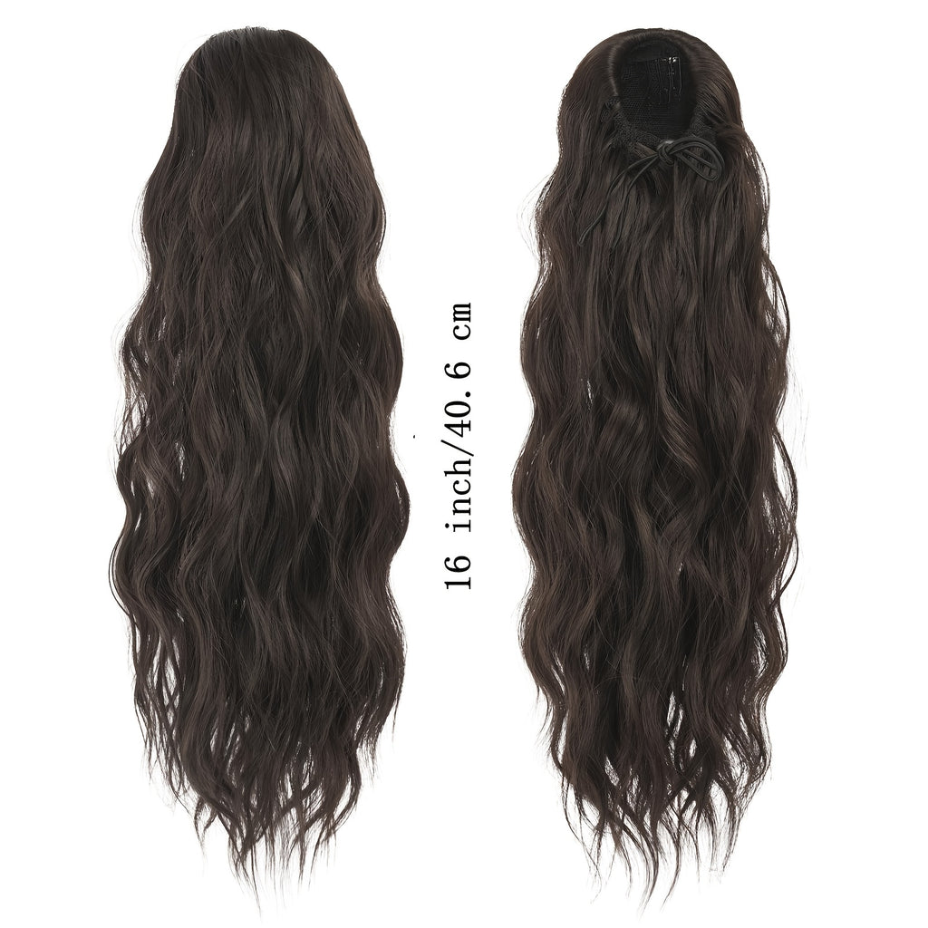 16-Inch Women'S Dark Brown Long Curly Drawstring Ponytail - Synthetic Hair Piece, Easy To Use, Adds Volume, Suitable For Daily Wear, Gatherings & Parties