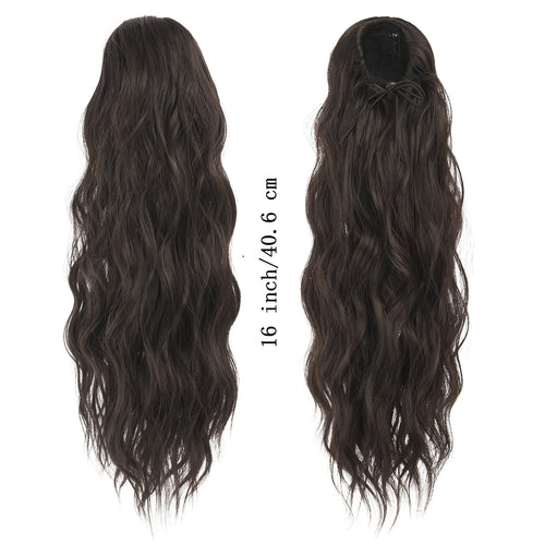 16-Inch Women'S Dark Brown Long Curly Drawstring Ponytail - Synthetic Hair Piece, Easy To Use, Adds Volume, Suitable For Daily Wear, Gatherings & Parties