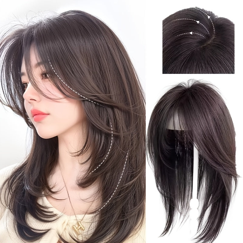 A 14-Inch Straight Hair Topper in Four Colors Designed to Hide Gray Hair, Featuring a Thin Hairpiece with a Straight Texture for Coverage