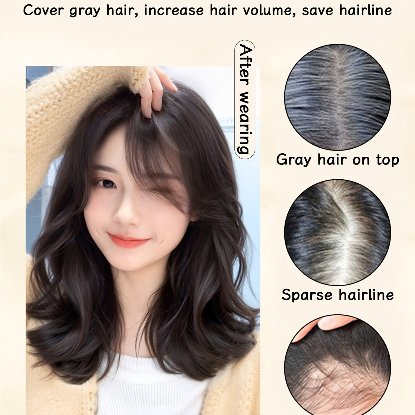14-inch European And American Fashionable Women Do Not Need to Wear Hairnet Wigs. U-shaped Hand-woven Fluffy And Curly Hair Grows On The Top Of The Head. The Hair Grows Sparsely, with White Hair Covering The Entire Head, Hair Replacement