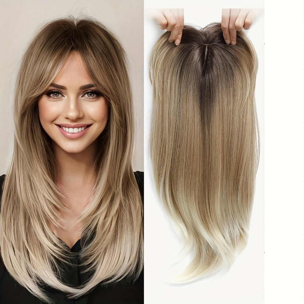 18-Inch Hair Toppers Designed for Women Experiencing Hair Thinning, Featuring a Large 6.5X6.5 Inch Coverage. These Synthetic Hair Toppers Come in Ombre Blonde And Are Perfect for Adding Volume to Thin Hair