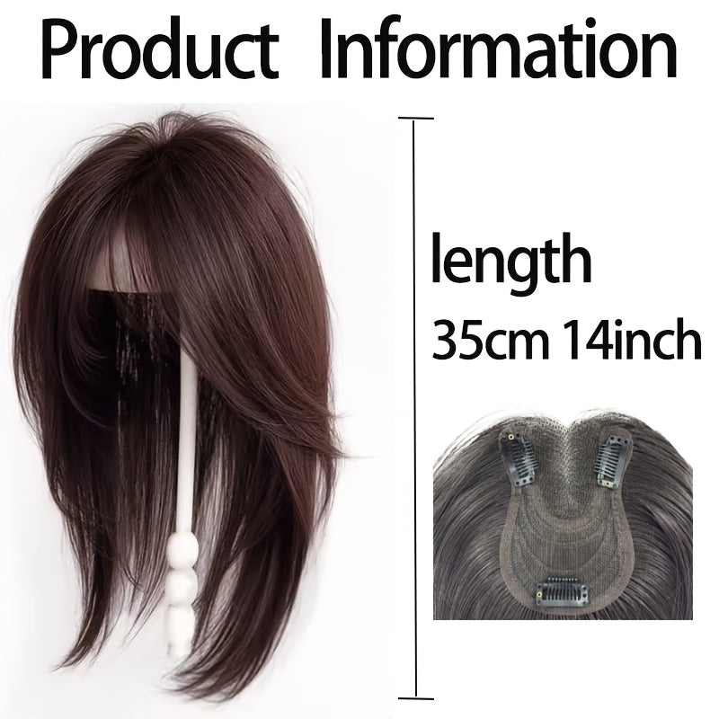 A 14-Inch Straight Hair Topper in Four Colors Designed to Hide Gray Hair, Featuring a Thin Hairpiece with a Straight Texture for Coverage