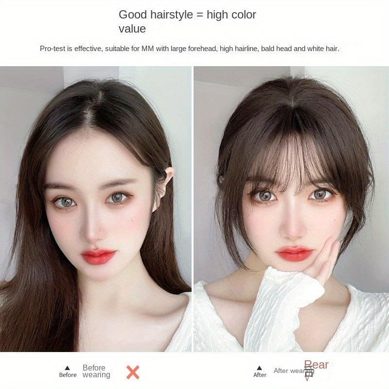 3D French Air Bangs Forehead Synthetic Hair Wig for Women, a Top Hairpiece to Conceal Gray Hair And Bald Spots