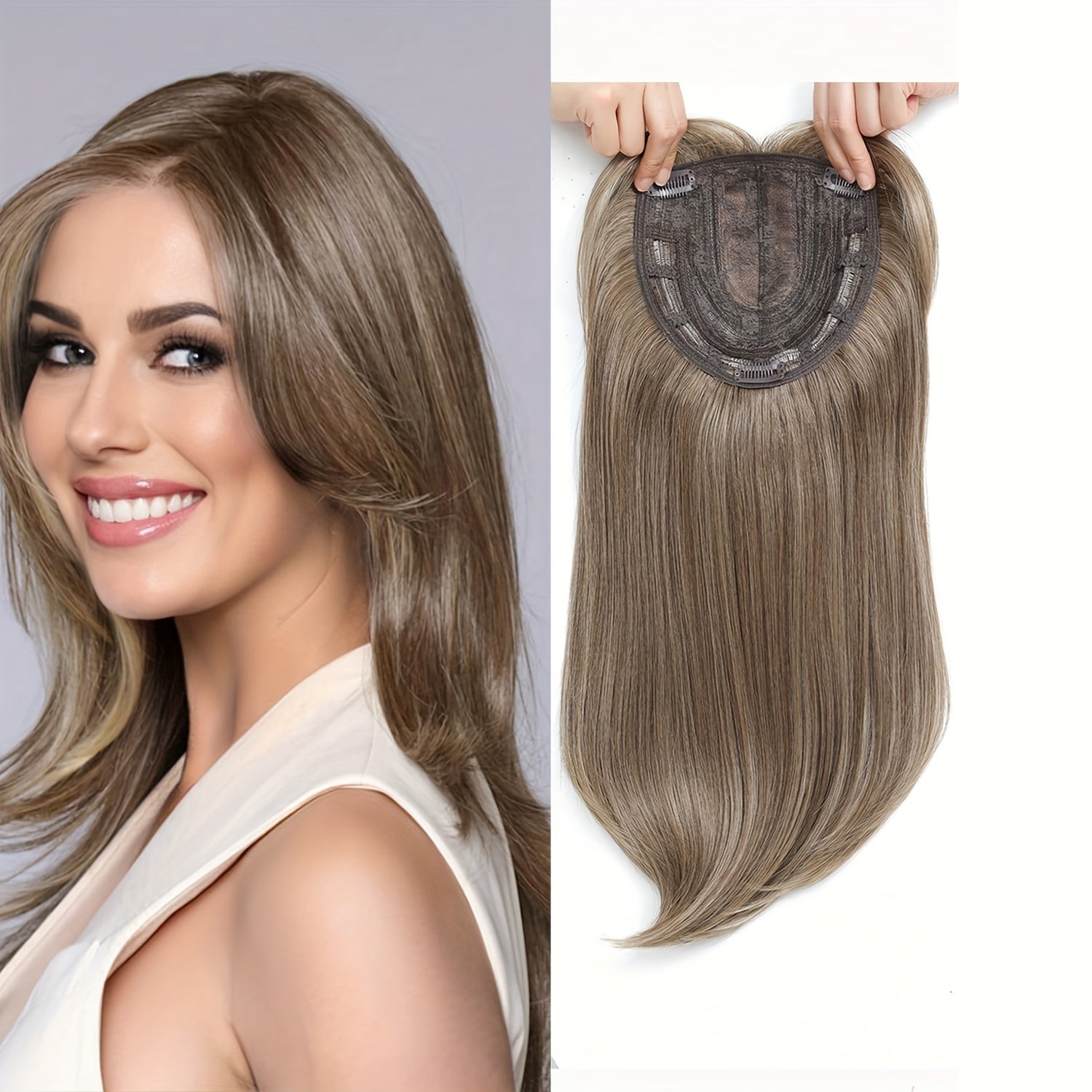 18-Inch Hair Toppers Designed for Women Experiencing Hair Thinning, Featuring a Large 6.5X6.5 Inch Coverage. These Synthetic Hair Toppers Come in Ombre Blonde And Are Perfect for Adding Volume to Thin Hair