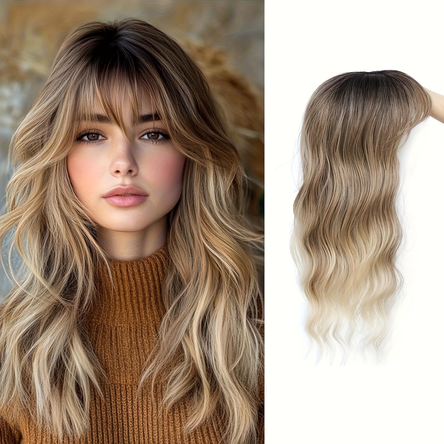 22” Long Curly Wavy Topper Wig with Bangs - Brown to Blonde Ombre Hairpiece Suitable for Women with Thinning Hair or Bald, Natural-Looking Voluminous Waves, Secure Fit Wig for Everyday Use & Hair Loss Solutions, Instant Volume & Scalp Coverage