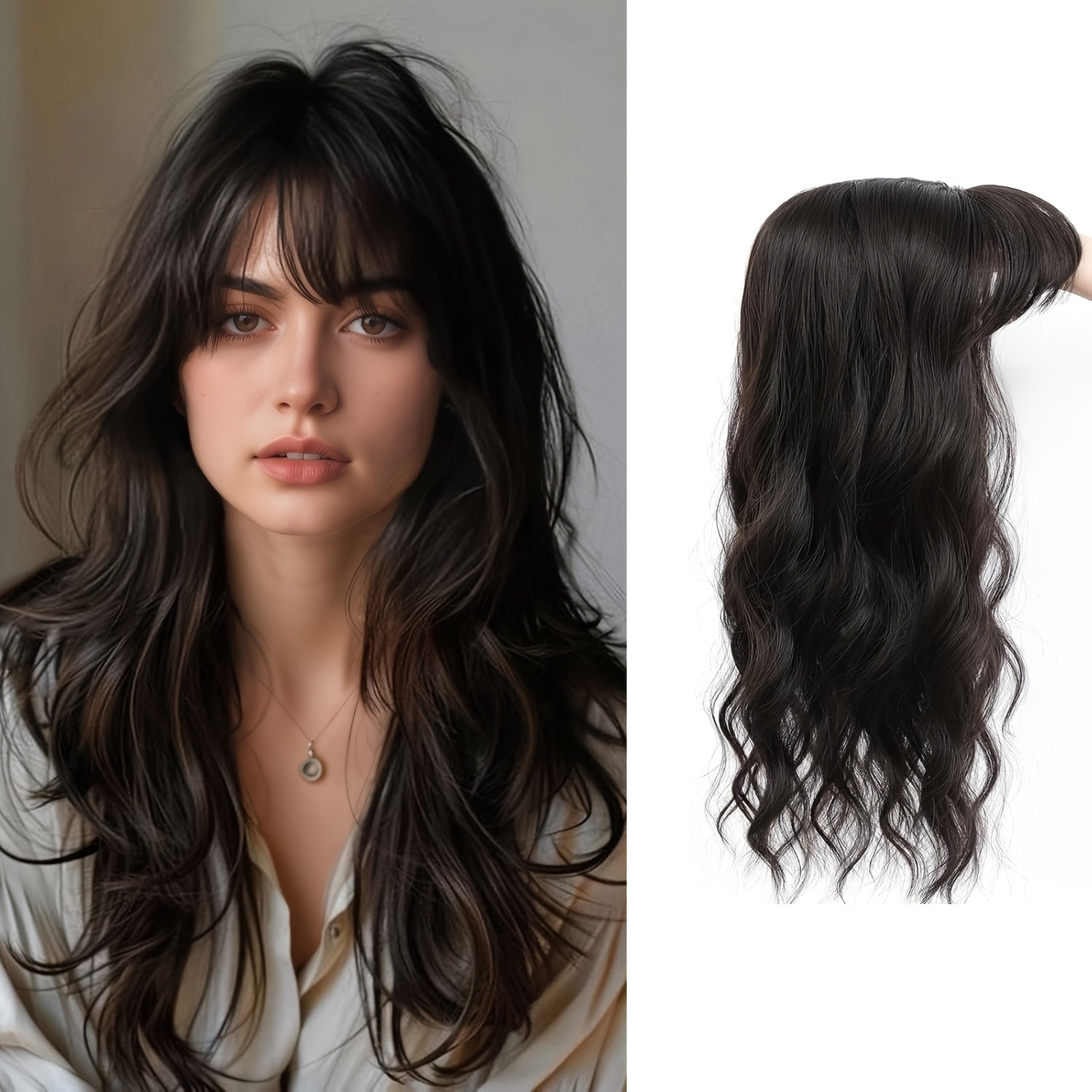 22” Long Curly Wavy Topper Wig with Bangs - Brown to Blonde Ombre Hairpiece Suitable for Women with Thinning Hair or Bald, Natural-Looking Voluminous Waves, Secure Fit Wig for Everyday Use & Hair Loss Solutions, Instant Volume & Scalp Coverage