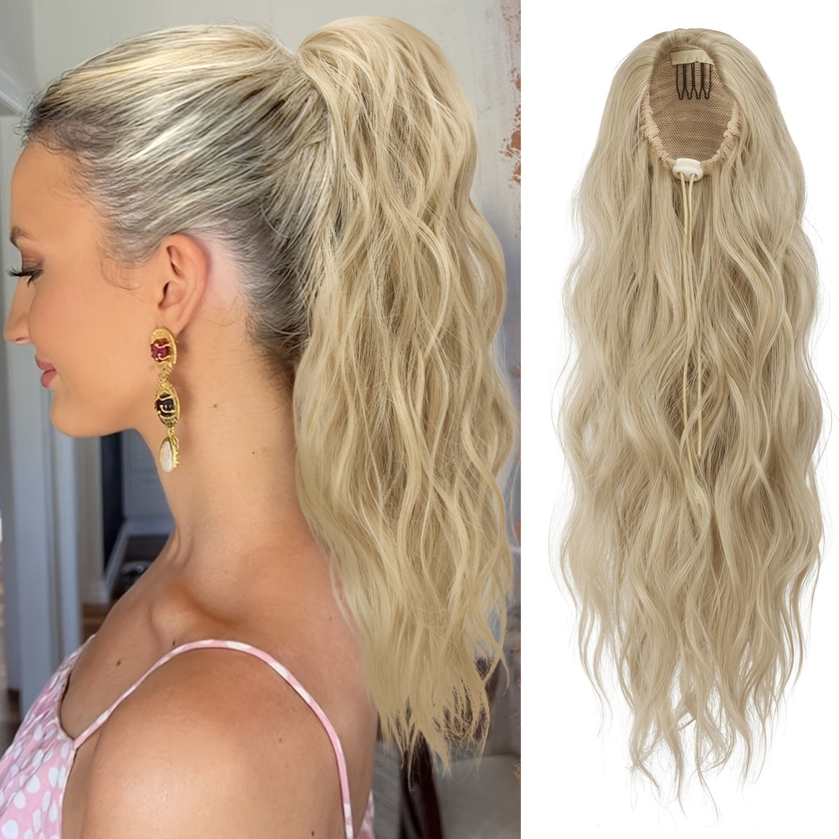 16-Inch Women'S Dark Brown Long Curly Drawstring Ponytail - Synthetic Hair Piece, Easy To Use, Adds Volume, Suitable For Daily Wear, Gatherings & Parties